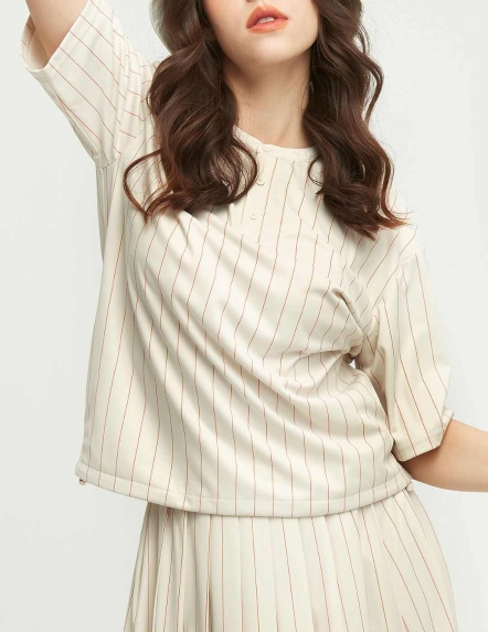 小立領抽繩條紋上衣