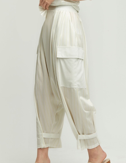 口袋造型條紋哈倫褲